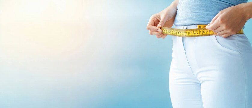 Hands measuring a patient s waist with a measuring tape, BMI check, weight management