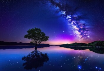 stunning night sky twinkling stars reflective water creating mesmerizing scenic view, reflections, shimmering, beauty, landscape, nature, light, horizon
