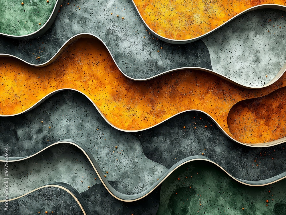 Poster The backdrop is an abstract black and white 3D composition with intricate line patterns that create an interplay between light and shadows