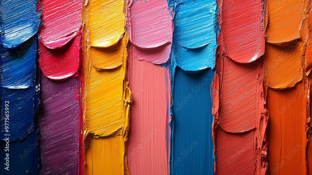 Aufkleber an abstract painting featuring horizontal lines in a spectrum of colors - red, yellow, green, blue, 