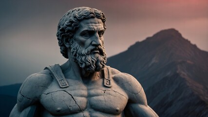 Stoic Greek figure in grey stone, aged and cracked through centuries of weathering