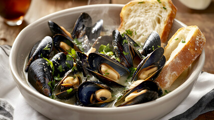 steaming bowl of mussels cooked in a white wine and garlic broth, served with crusty bread