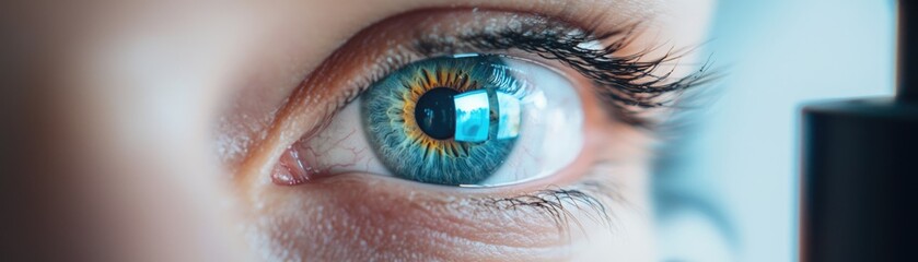 Close-up of a patient's eye being examined with a slit lamp during an eye checkup, vision health,...