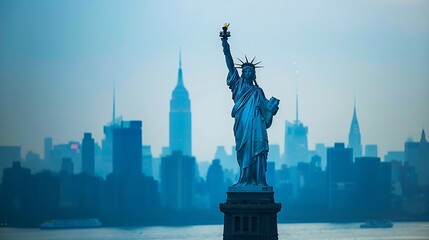 Obraz premium Taking a ferry to the Statue of Liberty, New York, USA, offers a close-up view of this iconic symbol of freedom, standing tall in New York Harbor. The journey provides stunning views of the 