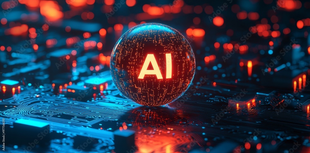 Poster Stock banner technology based on data science and innovation is used in Internet cyberspace by a round ball with AI text.