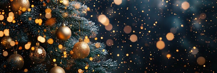 The festive background features golden lights garlands and spruce sprigs.