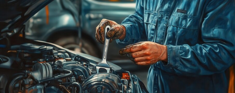 A mechanic working diligently on an engine with a wrench, showcasing the art of automotive repair and maintenance.