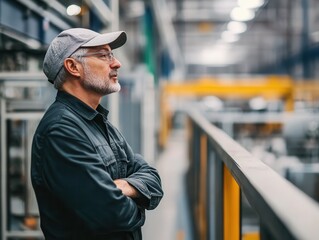 A reflective senior worker observes the production process in a modern factory, showcasing dedication and expertise in manufacturing.