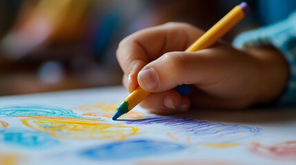Hand Holding a Crayon Drawing on Paper: A child’s hand gripping a crayon, drawing vibrant shapes and patterns on a piece of paper. 
