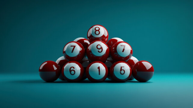 Stack of Red billard pool balls on blue background