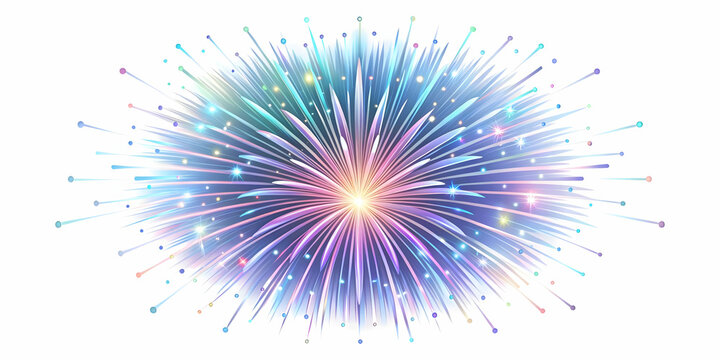 Flat Holographic Fireworks Burst: Medium Shot of Intricate Holographic Patterns and Shimmering Light Trails on White Background for Creative Business Concepts