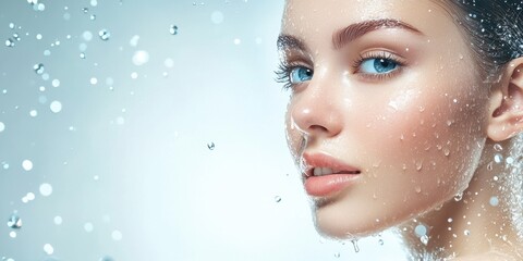 A close-up portrait of a young woman with radiant skin and sparkling blue eyes, surrounded by water droplets, evoking freshness and beauty.