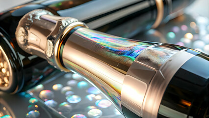 3D Holographic Champagne Bottle Neck Close-Up with Glowing Label - Futuristic Design on White Background, Perfect for Modern Celebrations