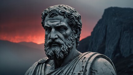 Fototapeta premium Stoic Greek man in grey stone, its surface deeply cracked from the relentless passage of time