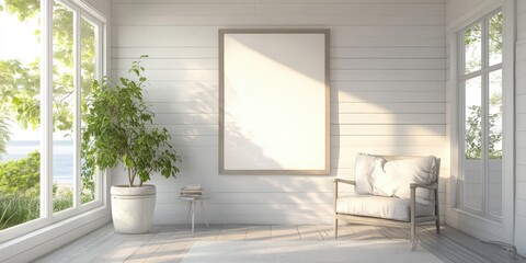 Fototapeta premium Bright and airy interior featuring a cozy chair, potted plant, and a blank canvas, ideal for art or relaxation.