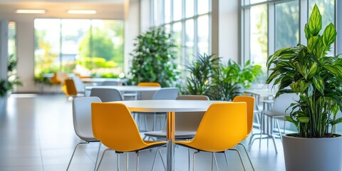 Bright and modern office space featuring stylish tables and chairs surrounded by vibrant plants and natural light.