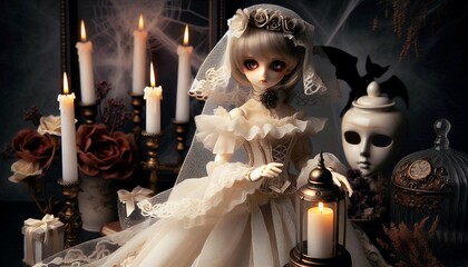 A vintage-styled bridal doll in a white dress sits among an array of gothic elements, including lit candles, a skull, and a masquerade mask, creating an intriguing contrast between wedding purity and 