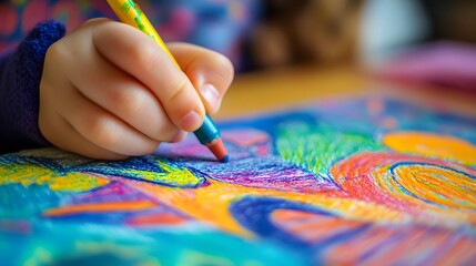 Obraz premium Hand Holding a Crayon Drawing on Paper: A child’s hand gripping a crayon, drawing vibrant shapes and patterns on a piece of paper. 