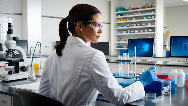 Young female scientist working in laboratory. She is wearing safety glasses and a white coat. She is looking at camera and smiling