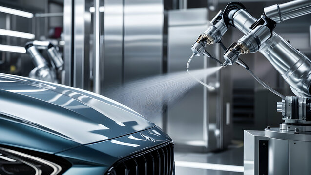 Robotic arm sprays paint on car in factory