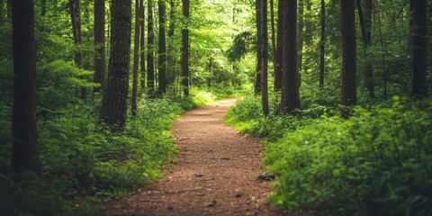 Fototapeta premium Serene forest path surrounded by lush greenery, inviting explorers to experience the tranquility of nature.