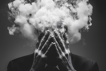 A man clutches his head in smoke, representing stress and mental overload.