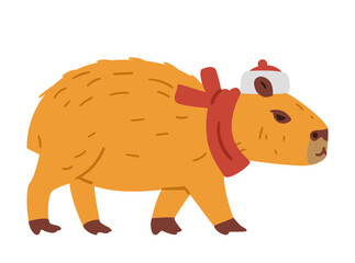 Cute baby capybara in Santa's hat and scarf walking flat vector illustration isolated on white.