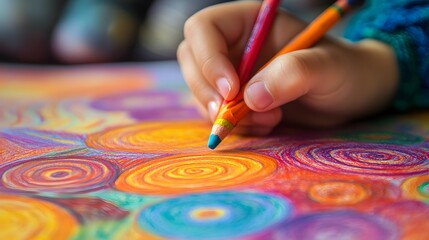 Naklejka premium Hand Holding a Crayon Drawing on Paper: A child’s hand gripping a crayon, drawing vibrant shapes and patterns on a piece of paper. 