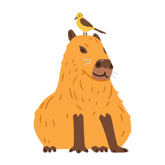 Cute satisfied capybara sitting with little bird on it's head flat vector illustration isolated on white.