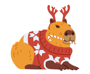 Capybara wearing warm sweater and deer antlers eating candy cane sweet stick funny flat Christmas vector illustration isolated on white.