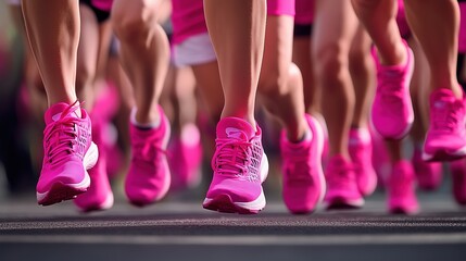 Close-up of multiple women in pink sportswear running during a cancer awareness race event, showcasing their legs and shoes in motion from a side view. The scene captures the dynamic energy of the par