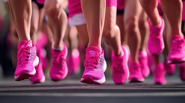 Close-up of multiple women in pink sportswear running during a cancer awareness race event, showcasing their legs and shoes in motion from a side view. The scene captures the dynamic energy of the par