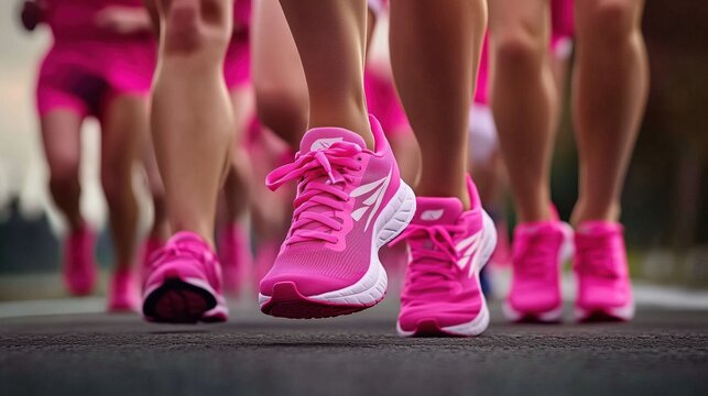 Close-up of multiple women in pink sportswear running during a cancer awareness race event, showcasing their legs and shoes in motion from a side view. The scene captures the dynamic energy of the par