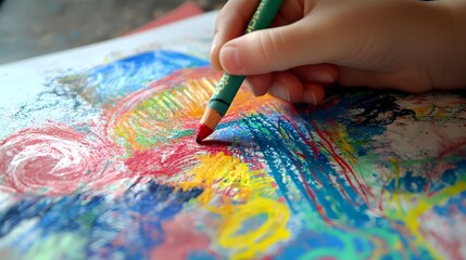 Naklejka premium Hand Holding a Crayon Drawing on Paper: A child’s hand gripping a crayon, drawing vibrant shapes and patterns on a piece of paper. 