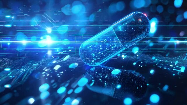 A translucent medical capsule hovers in a vibrant digital landscape filled with glowing particles and light streaks, emphasizing modern technology in medicine