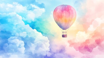 Fototapeta premium A dreamy landscape featuring a colorful hot air balloon soaring through pastel clouds, evoking feelings of adventure and freedom.