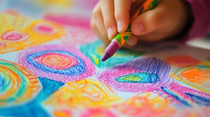 Fototapeta premium Hand Holding a Crayon Drawing on Paper: A child’s hand gripping a crayon, drawing vibrant shapes and patterns on a piece of paper. 