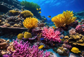 detailed exploration vibrant underwater coral ecosystem colorful diverse marine clear blue waters, reef, fish, sea, ocean, plants, biodiversity, habitat