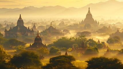Exploring the ancient temples of Bagan, Myanmar, offers a journey through a vast plain dotted with thousands of pagodas and stupas. The golden temples, set against a backdrop of lush plains 