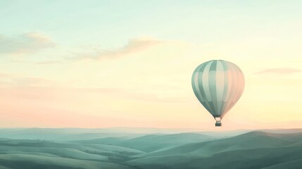 Fototapeta premium A serene sunset view featuring a colorful hot air balloon floating above tranquil hills, evoking a sense of peace and adventure.