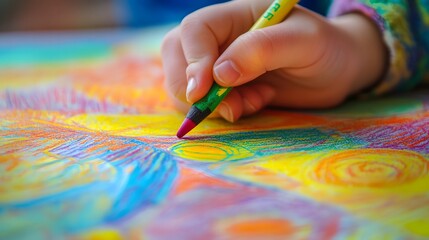 Naklejka premium Hand Holding a Crayon Drawing on Paper: A child’s hand gripping a crayon, drawing vibrant shapes and patterns on a piece of paper. 