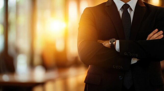 Confident businessman in suit with arms crossed, standing in sunlit modern office, conveying professionalism and success.