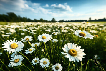 A field of blooming white daisies with yellow centers on a sunny day with a clear blue sky and a few clouds. The daisies stretch into the distance with green grass and a blurred forest