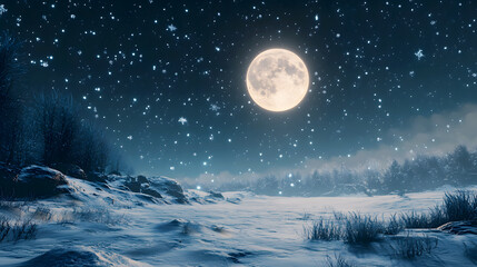 Fototapeta premium The moon casting a pale glow over a snow-covered landscape, with sparkling snowflakes
