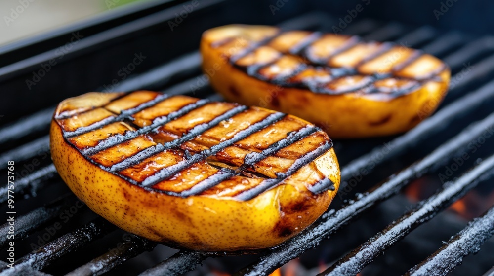 Sticker Two pieces of fruit are cooking on a grill with some meat, AI