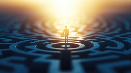 A solitary figure stands in a labyrinth, illuminated by a glowing light, symbolizing hope and the journey toward clarity.