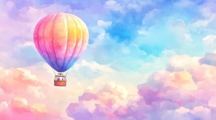 Obraz premium A vibrant hot air balloon floats through a dreamy pastel sky filled with fluffy clouds, evoking a sense of adventure and tranquility.