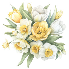 Fototapeta premium A bouquet of yellow and white flowers with green leaves