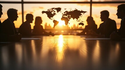 A business meeting silhouettes against a sunset backdrop, symbolizing global collaboration and teamwork in a modern office setting.