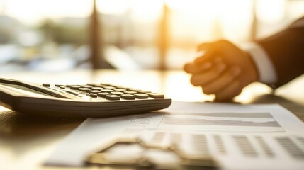Fototapeta premium A close-up of a calculator and financial documents on a desk, symbolizing business analysis and financial planning.